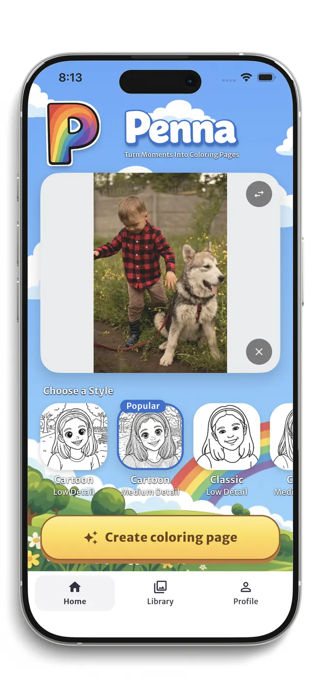 Penna home screen with a photo ready to be turned into a coloring page