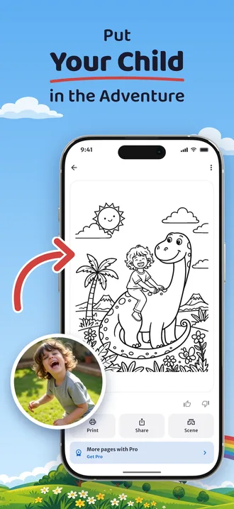 A photo of a boy turned into a coloring page where he rides a dinosaur