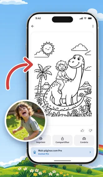 A foto de um menino transformada num desenho para colorir em que ele monta um dinossauro