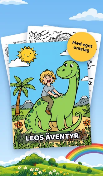 En personlig målarbok med titeln Leos äventyr och ett omslag i färg