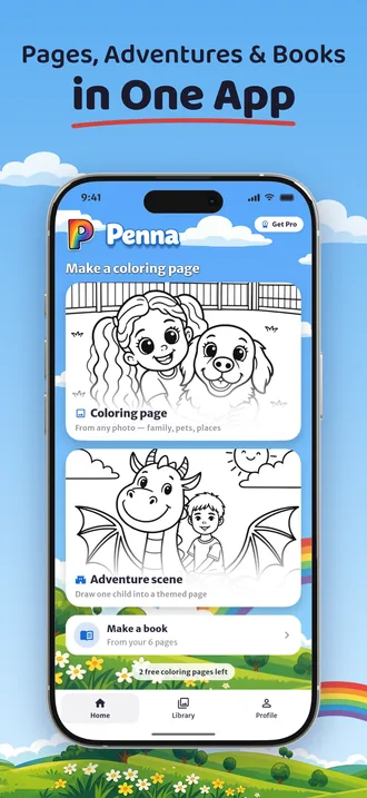 Penna's home screen with coloring pages, adventure scenes and Make a book