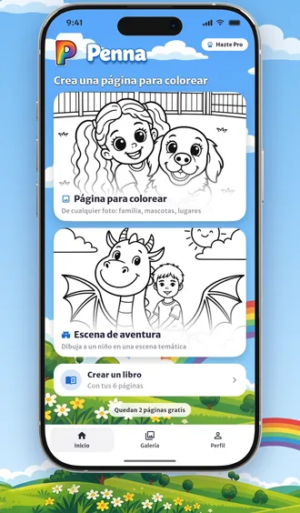 La pantalla de inicio de Penna con dibujos para colorear, escenas de aventura y el botón «Crear un libro»