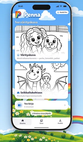 Pennan aloitusnäkymä, jossa on värityskuvia, seikkailuja ja painike kirjan tekemiseen