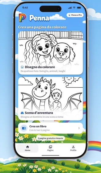 La schermata principale di Penna con disegni da colorare, scene d'avventura e il pulsante per creare un libro