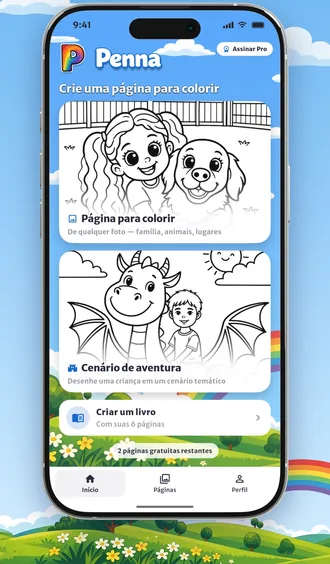 A tela inicial do Penna com desenhos para colorir, cenários de aventura e Criar um livro