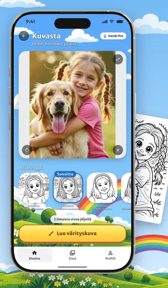 Sama valokuva sarjakuvana, klassisena värityskuvana ja animena Pennassa