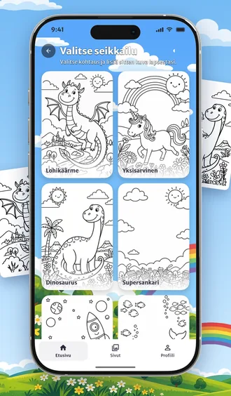 Valikoima Pennan seikkailuja: lohikäärme, yksisarvinen, dinosaurus, supersankari ja muita