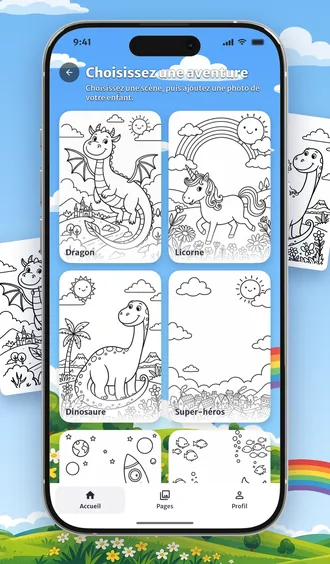 Une grille de scènes d’aventure de Penna : dragon, licorne, dinosaure, super-héros et d’autres
