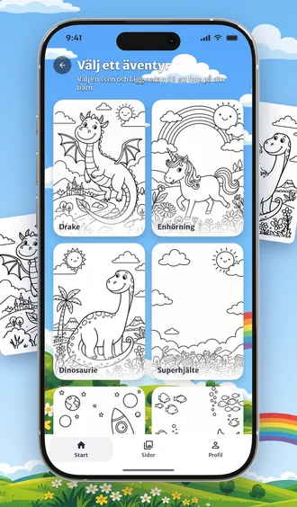 Ett urval av äventyrsscenerna i Penna: drake, enhörning, dinosaurie, superhjälte och fler