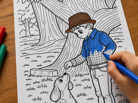 A child coloring a printed page of a boy and his dog with a blue marker